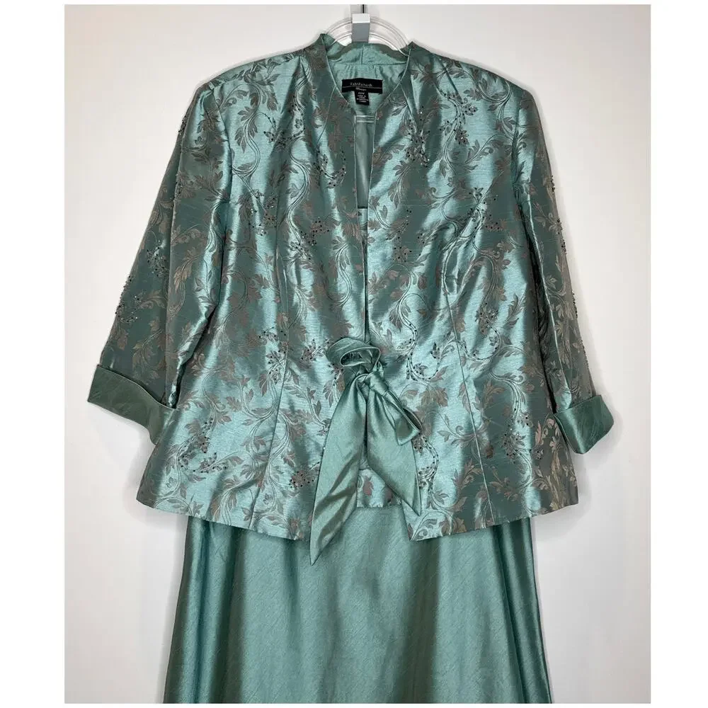 2000s R&M Richards seafoam brocade jacket & satin dress set size 18